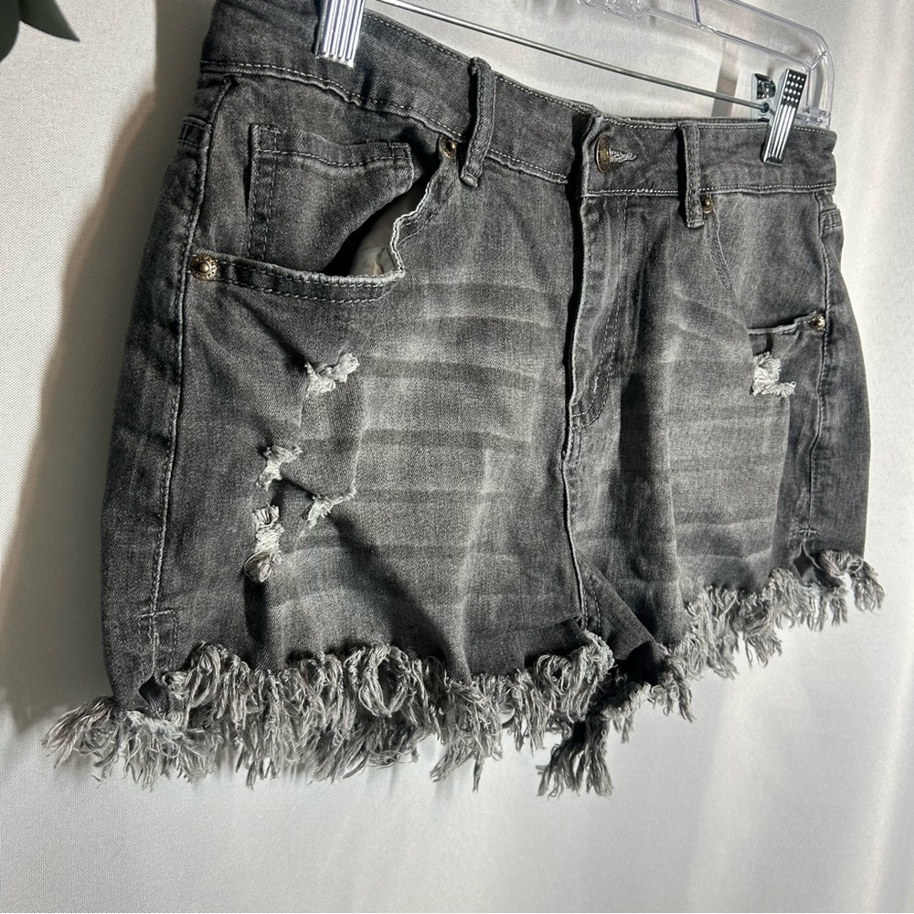 High Rise Cutoff Shorts Jean Denim Gray Frayed Raw Hem Ripped Size Large Juniors - Picture 4 of 10